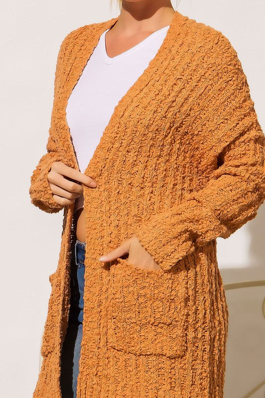 PLUS RIBBED POPCORN KNIT FULL BODY HOODIE CARDIGAN