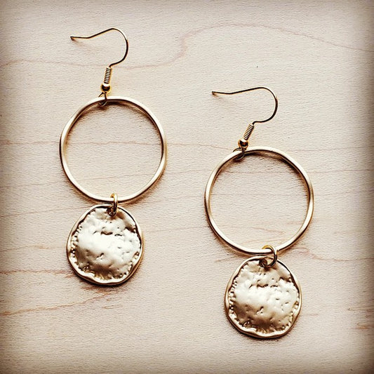 Matte Gold Hoop Earrings with Coin Dangle