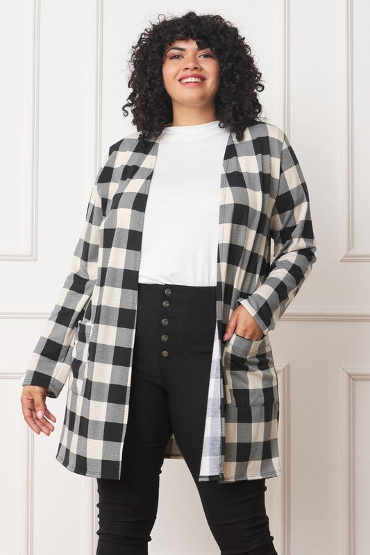 Long Buffalo Plaid Open Cardigan