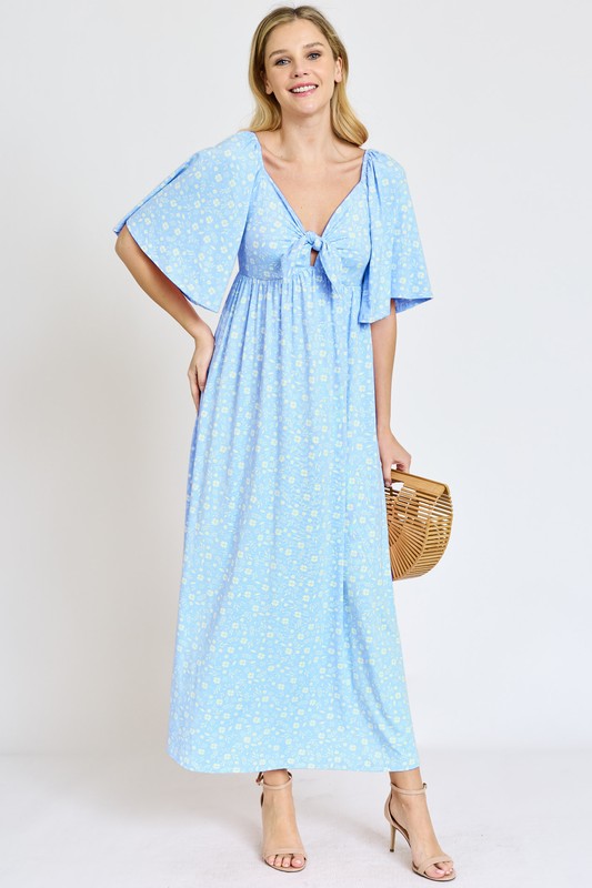 Floral Angel Sleeve Front Tie Maxi Dress