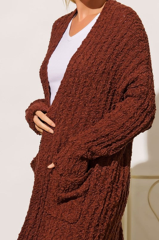 PLUS RIBBED POPCORN KNIT FULL BODY HOODIE CARDIGAN