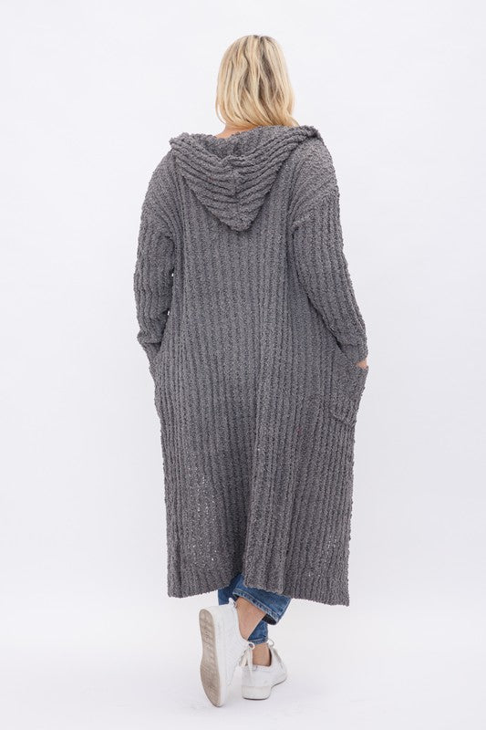 PLUS RIBBED POPCORN KNIT FULL BODY HOODIE CARDIGAN