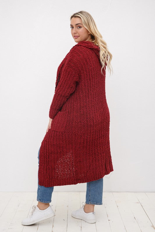 PLUS RIBBED POPCORN KNIT FULL BODY HOODIE CARDIGAN