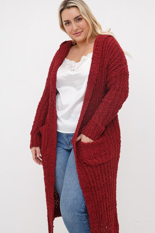 PLUS RIBBED POPCORN KNIT FULL BODY HOODIE CARDIGAN