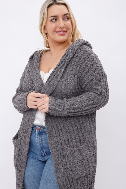 PLUS RIBBED POPCORN KNIT FULL BODY HOODIE CARDIGAN