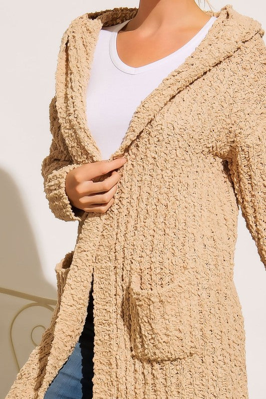 PLUS RIBBED POPCORN KNIT FULL BODY HOODIE CARDIGAN