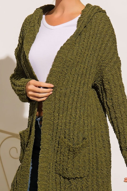 PLUS RIBBED POPCORN KNIT FULL BODY HOODIE CARDIGAN